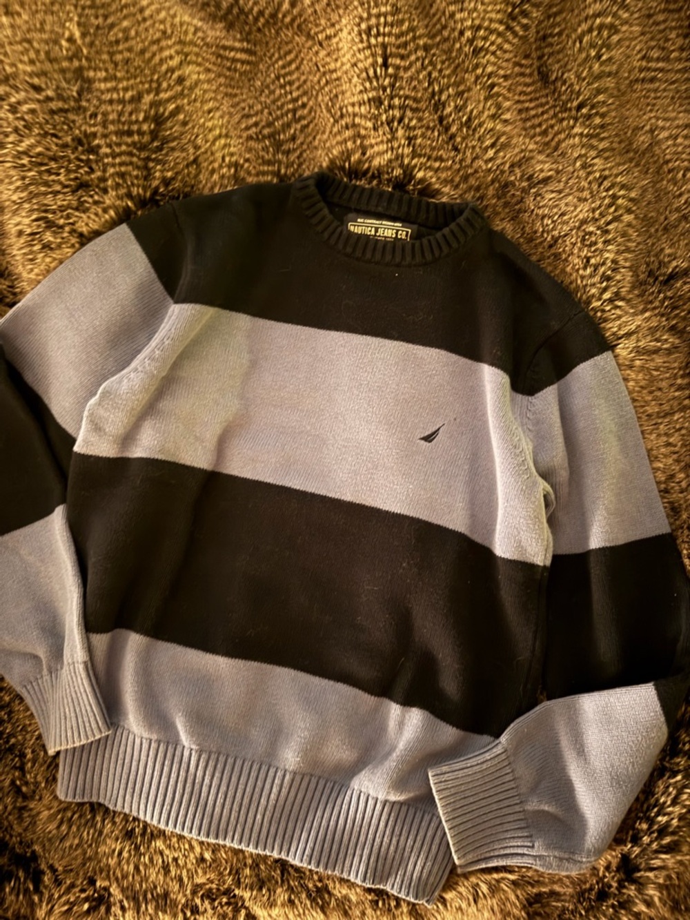 Nautica Wide Striped Crewneck Sweater - Black & Light Blue
